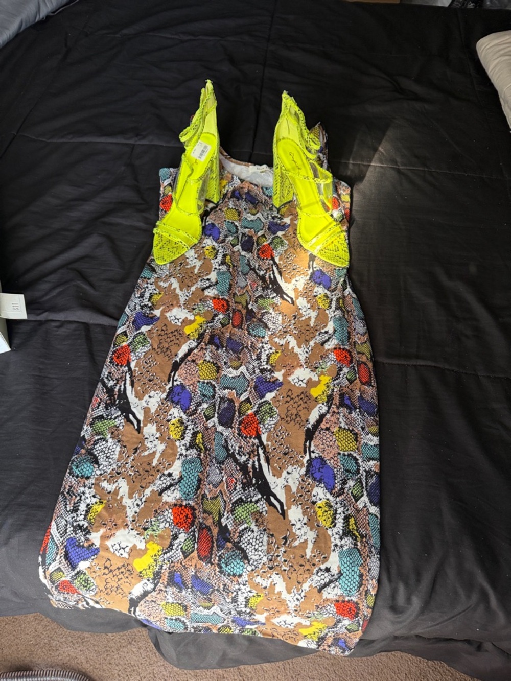 Rainbow Asymmetrical Dress with Neon Yellow Accents; #DateNight